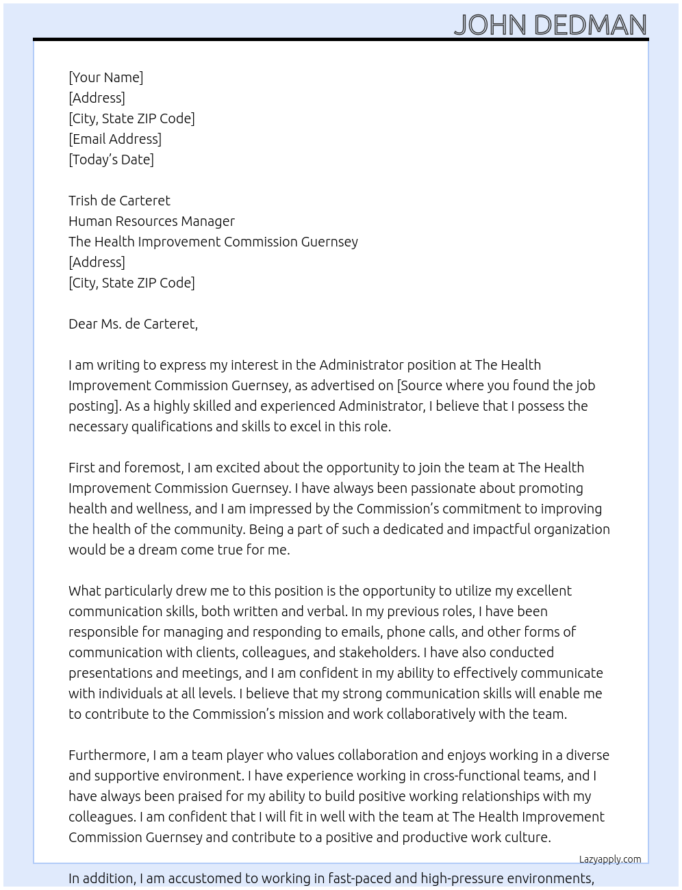 Administrator At The Health Improvement Commission Guernsey Cover Letter