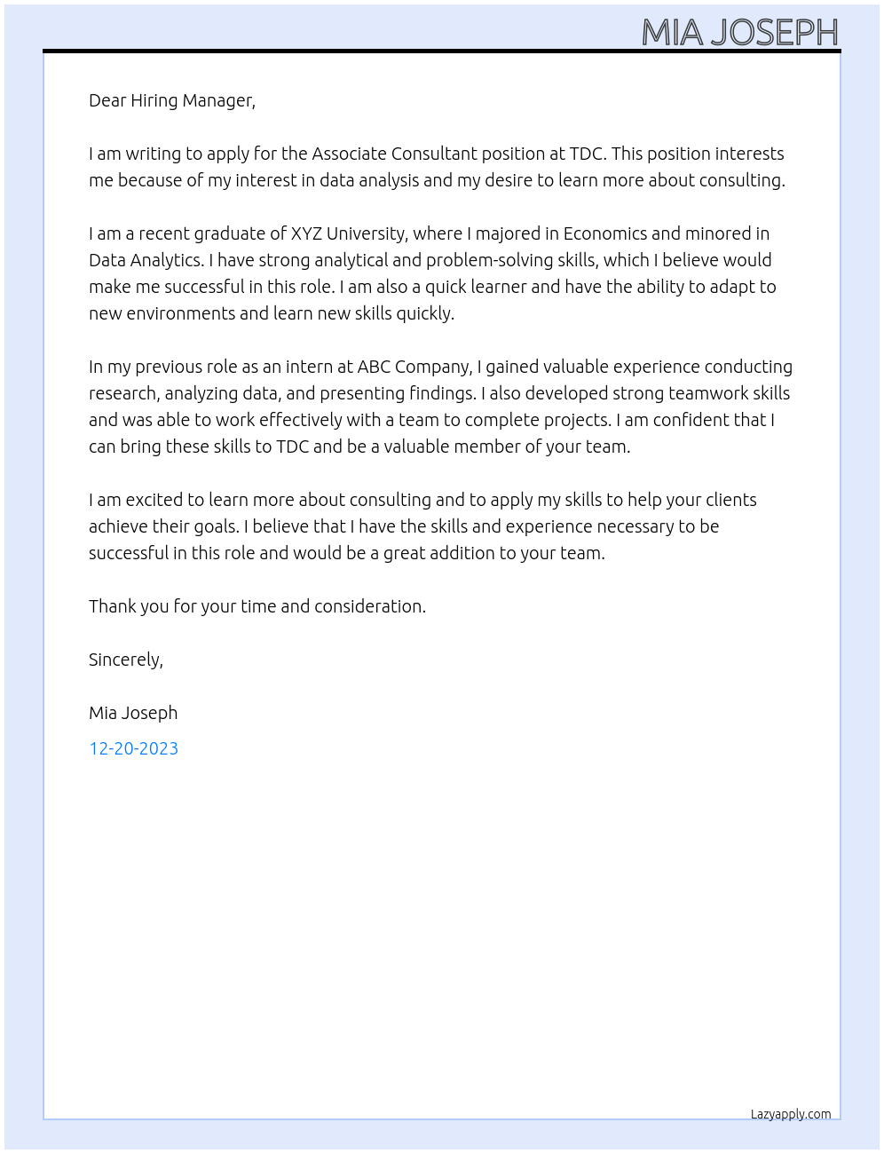 Associate Consultant At TDC Cover Letter