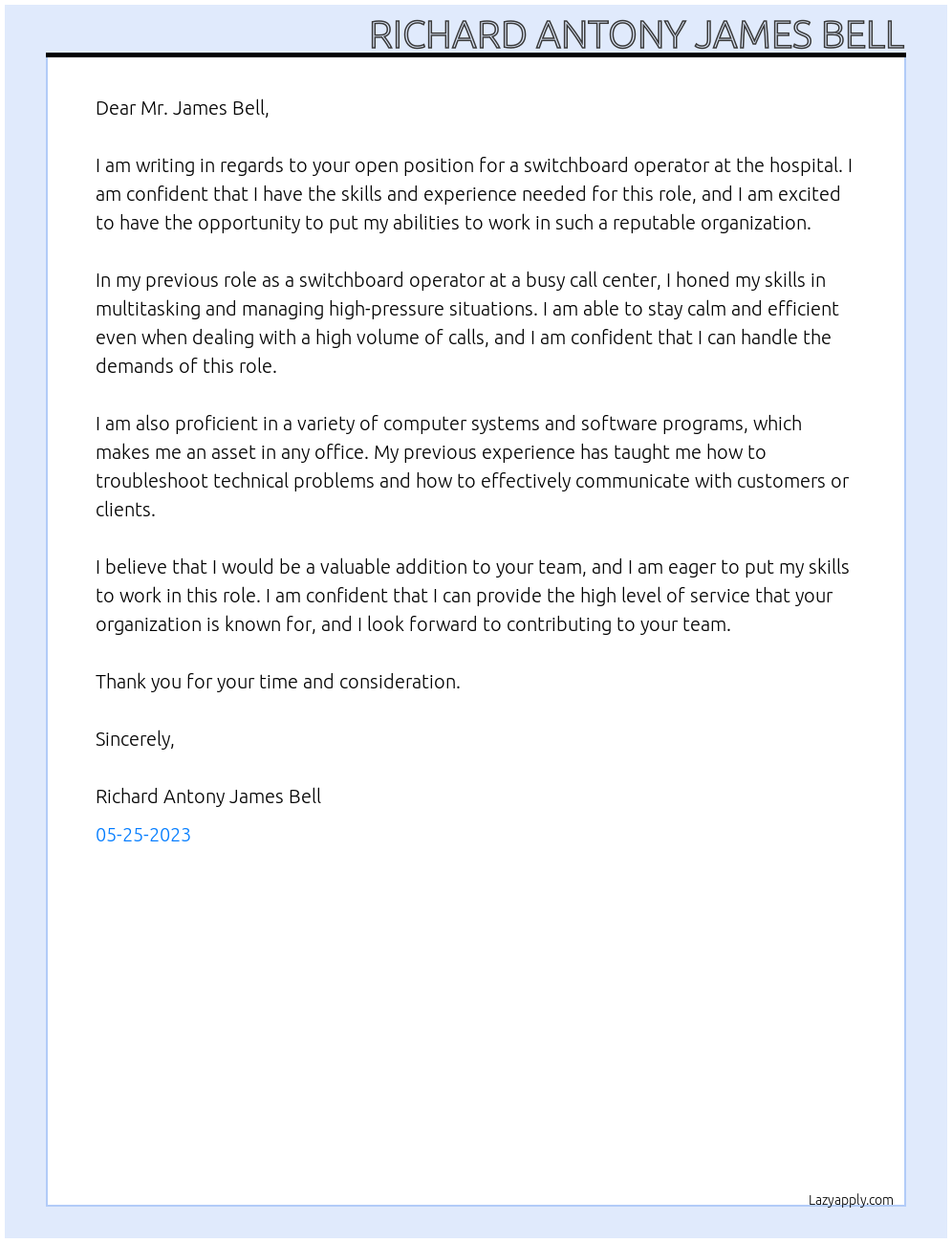 switchboard At hospital Cover Letter