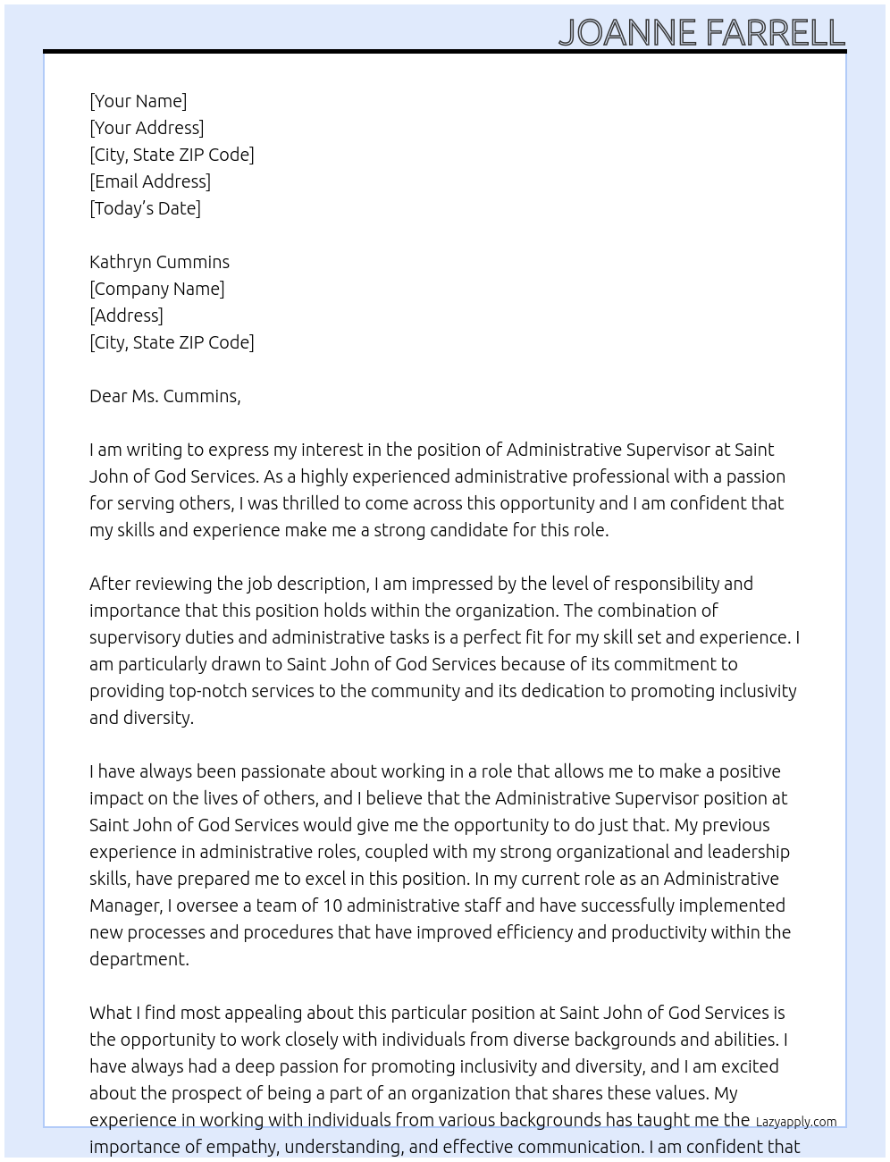 Administrative Supervisor At Saint John of God Services Cover Letter