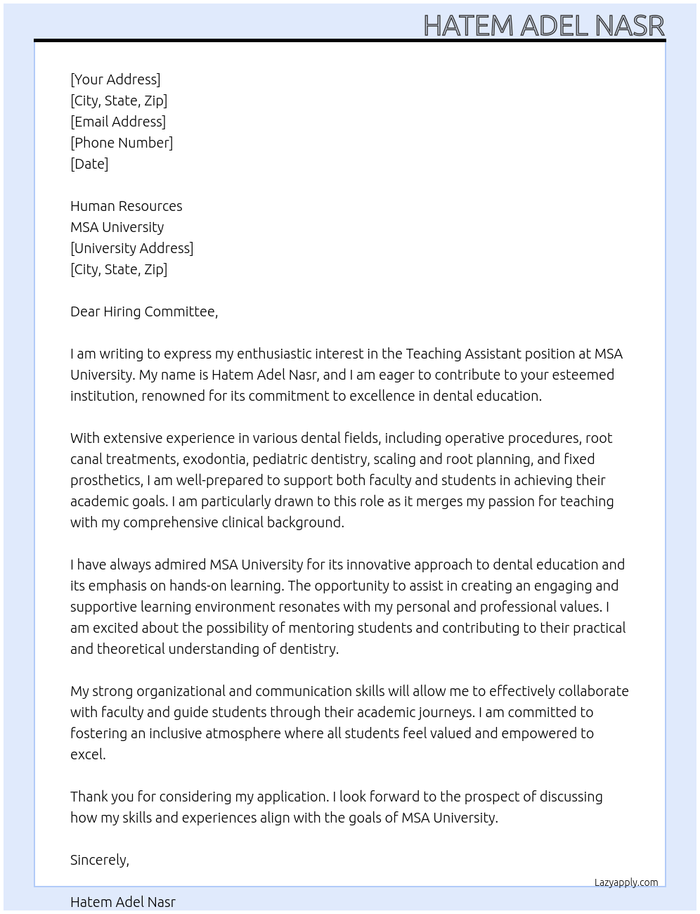 Teaching Assistant At MSA University Cover Letter