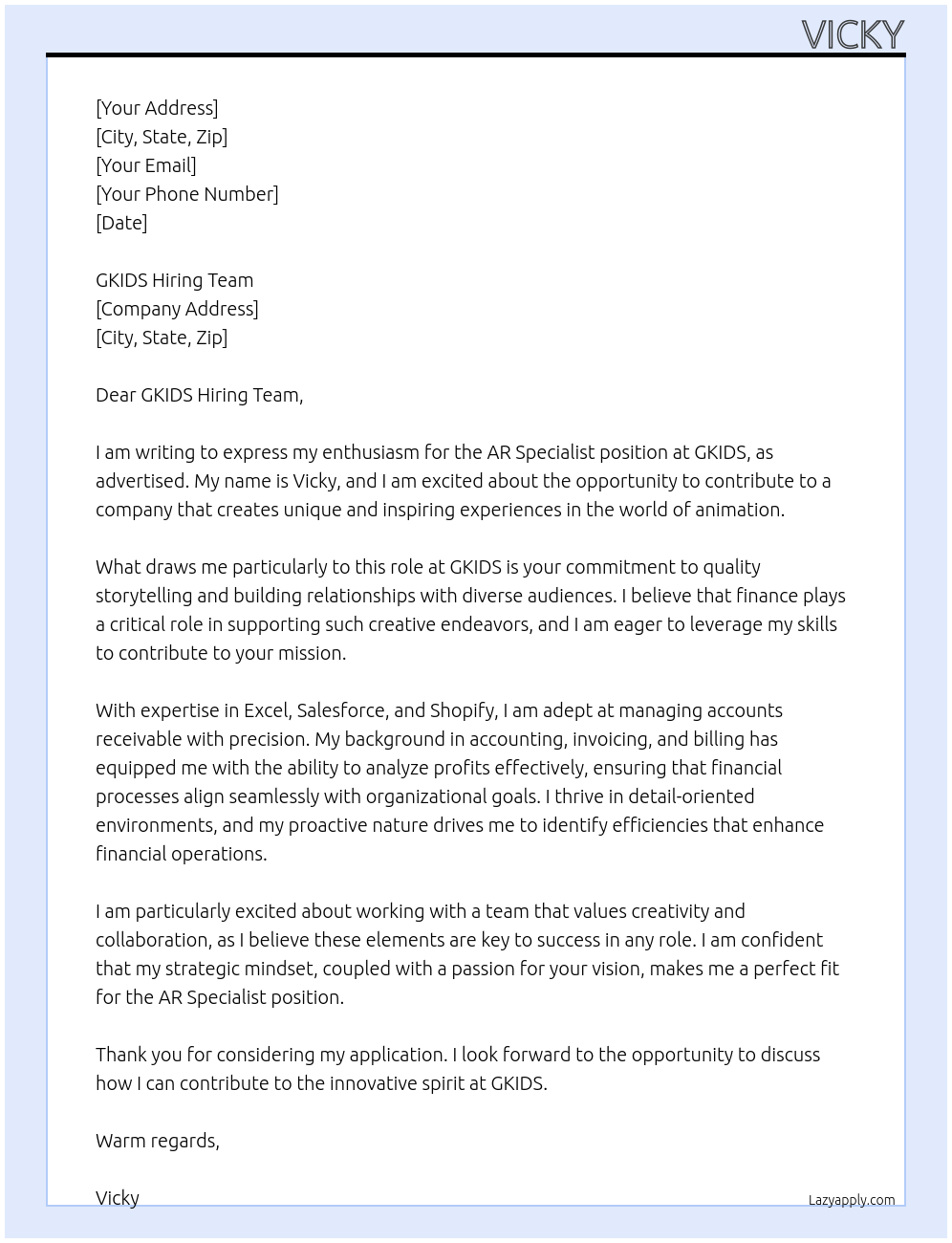 AR Specialist At GKIDS Cover Letter