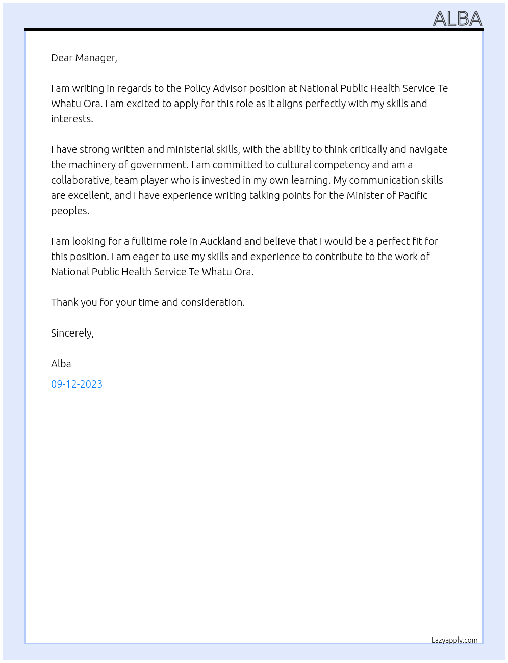 Policy Advisor At National Public Health Service Te Whatu Ora Cover Letter