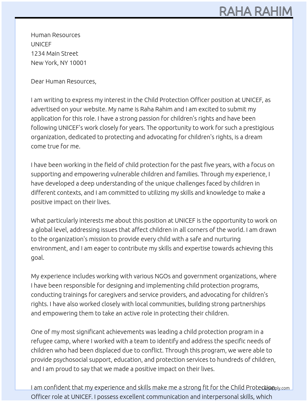 Child Protection Officer At Unicef Cover Letter