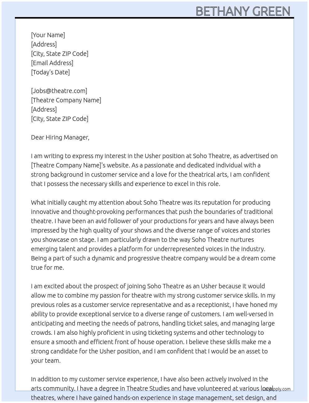 Usher At Soho Theatre  Cover Letter