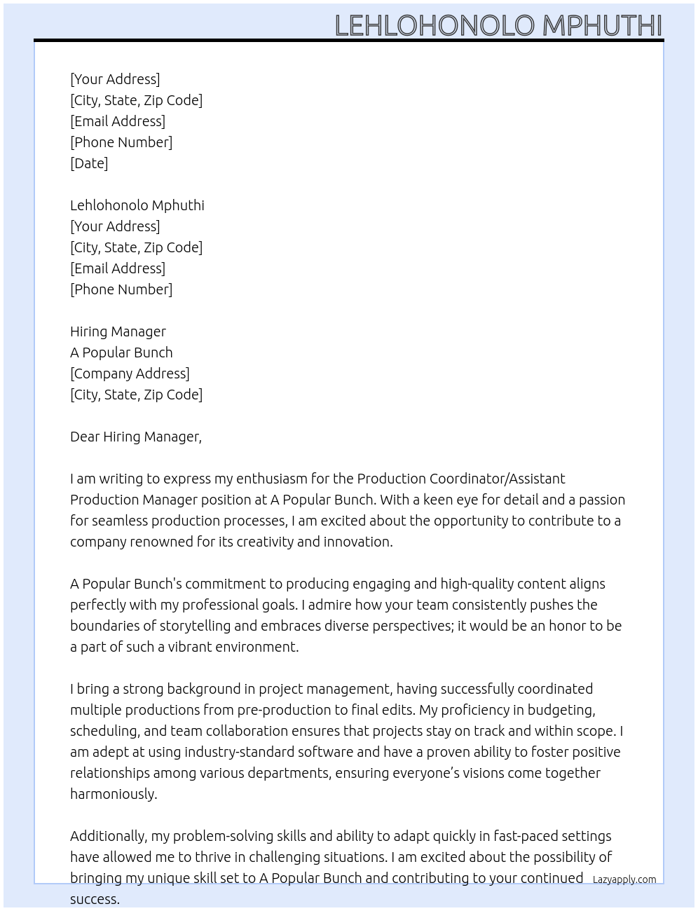 Cover letter for production coordinator / assistant production manager - LazyApply