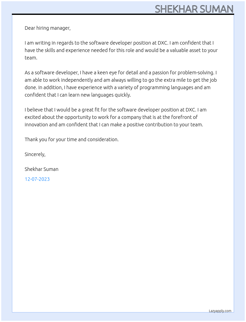 software devloper At dxc Cover Letter