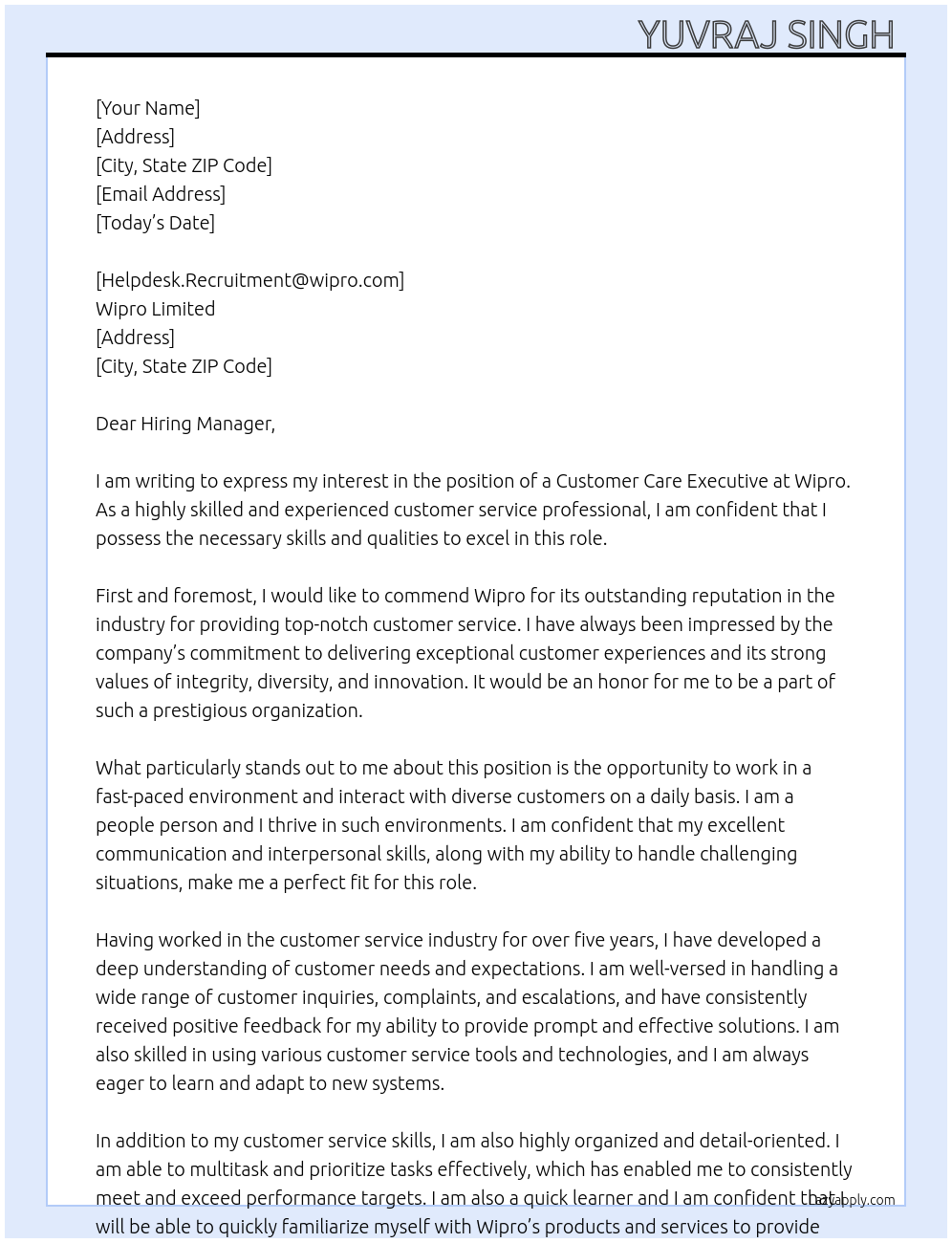customer care executive At wipro Cover Letter