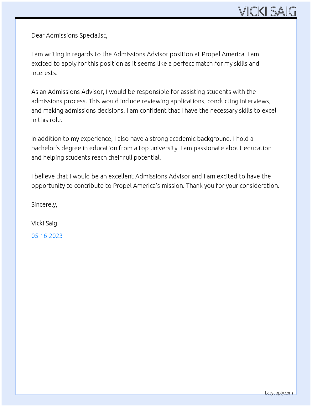 Admissions Advisor At Admissions Specialist Cover Letter