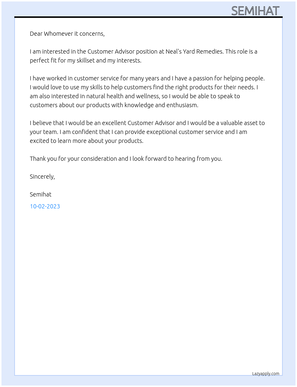 Customer Advisor At Neal's Yard Remedies  Cover Letter