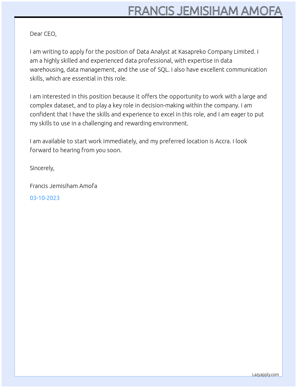 Data Analst At Kasapreko Company Limited  Cover Letter