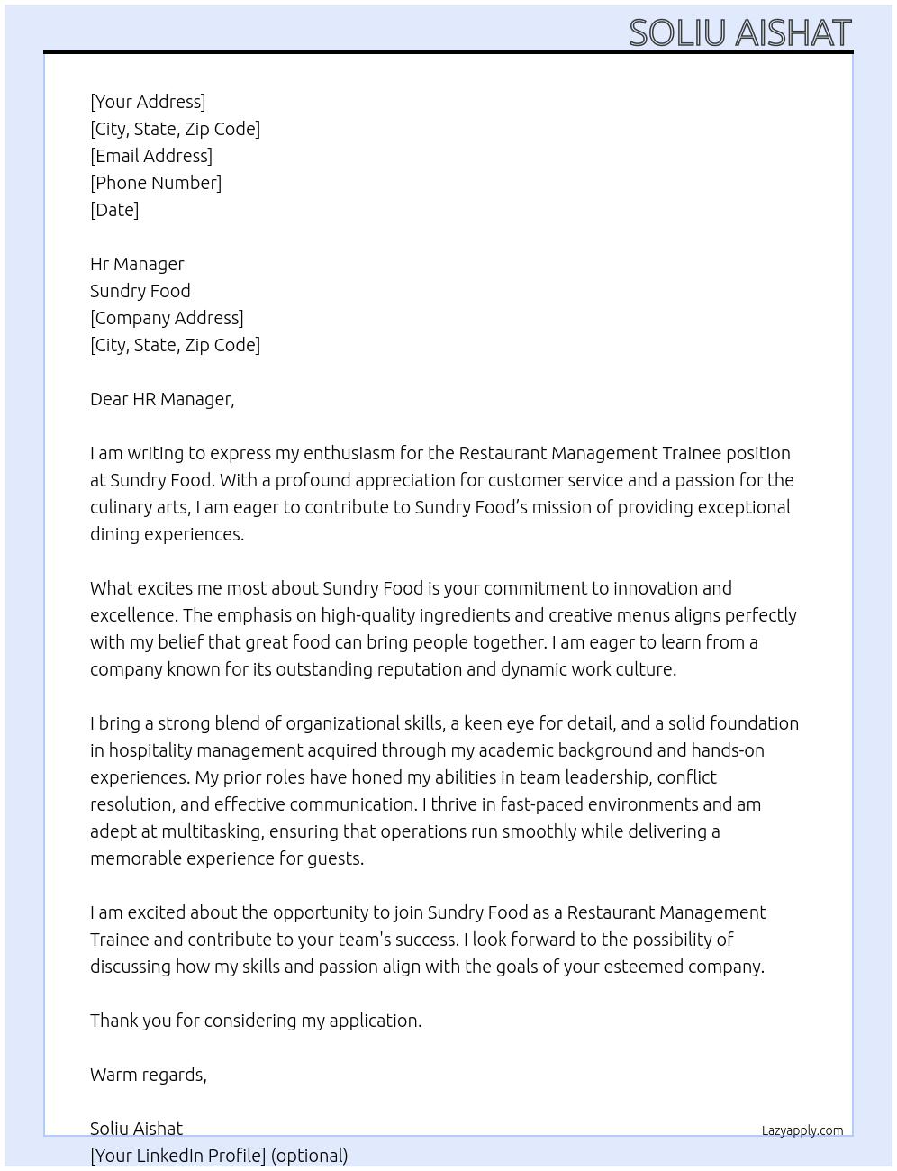 Restaurant management trainee  At Sundry food  Cover Letter