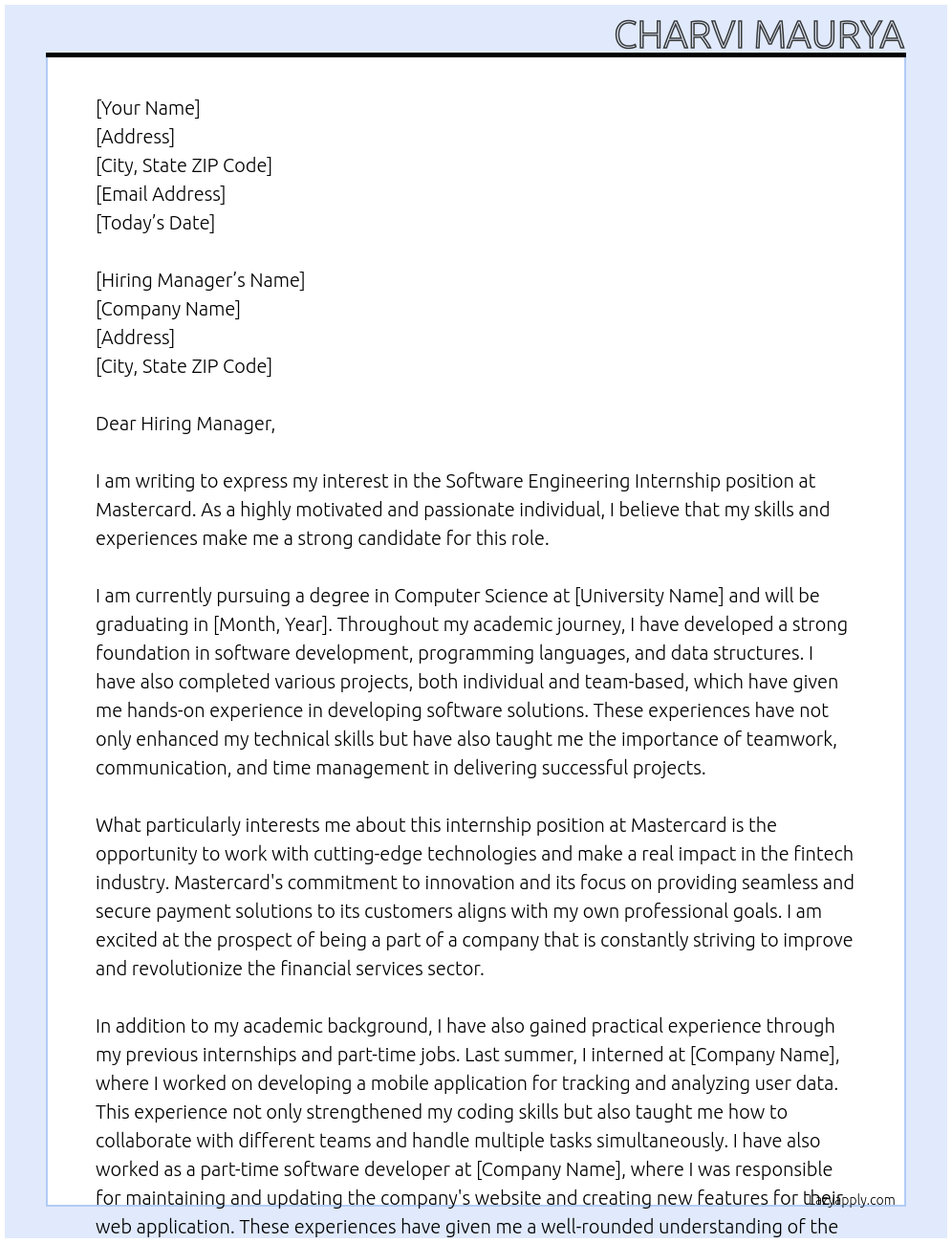 Software Engineering Internship At Mastercard Cover Letter