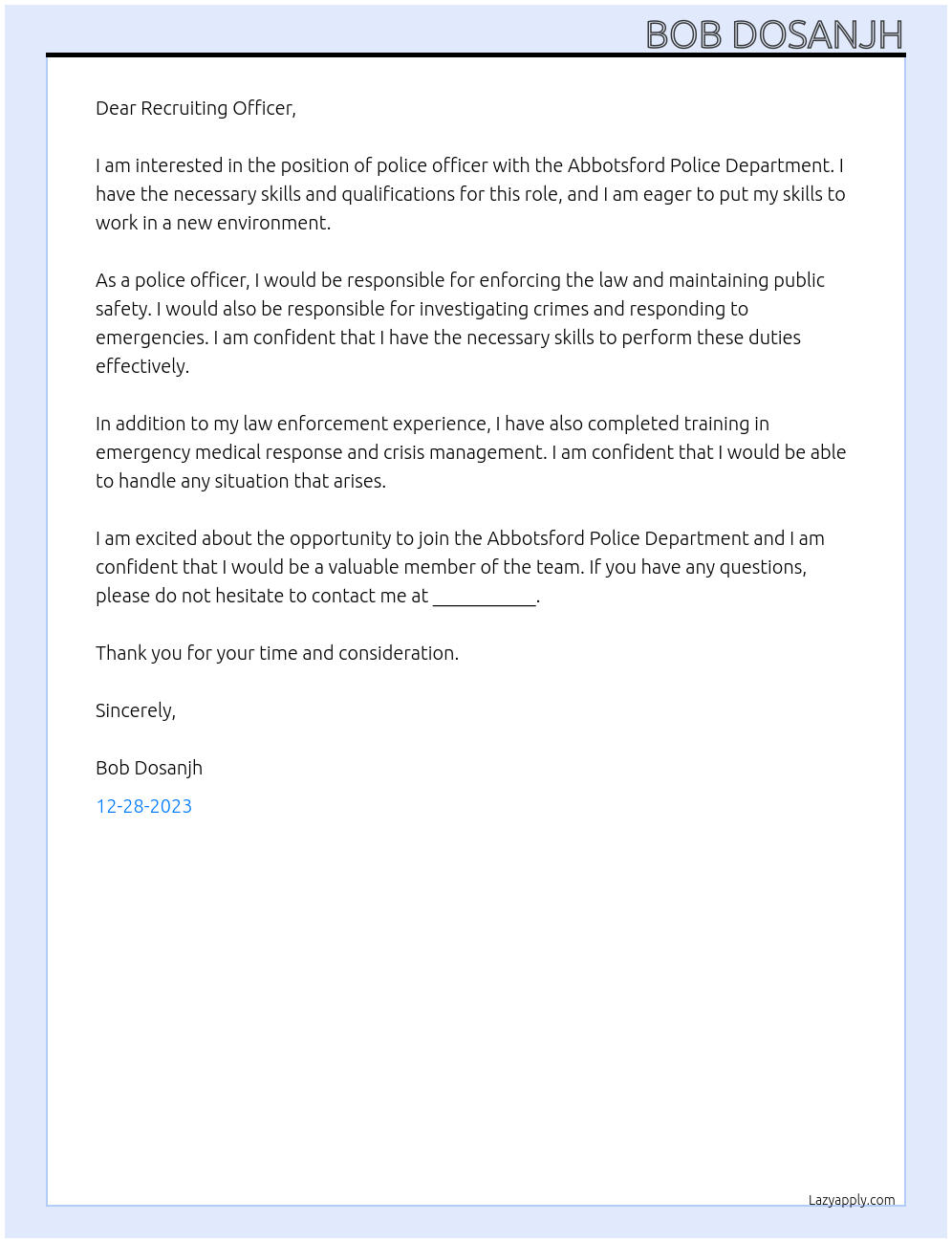 Police officer At Abbotsford police department Cover Letter