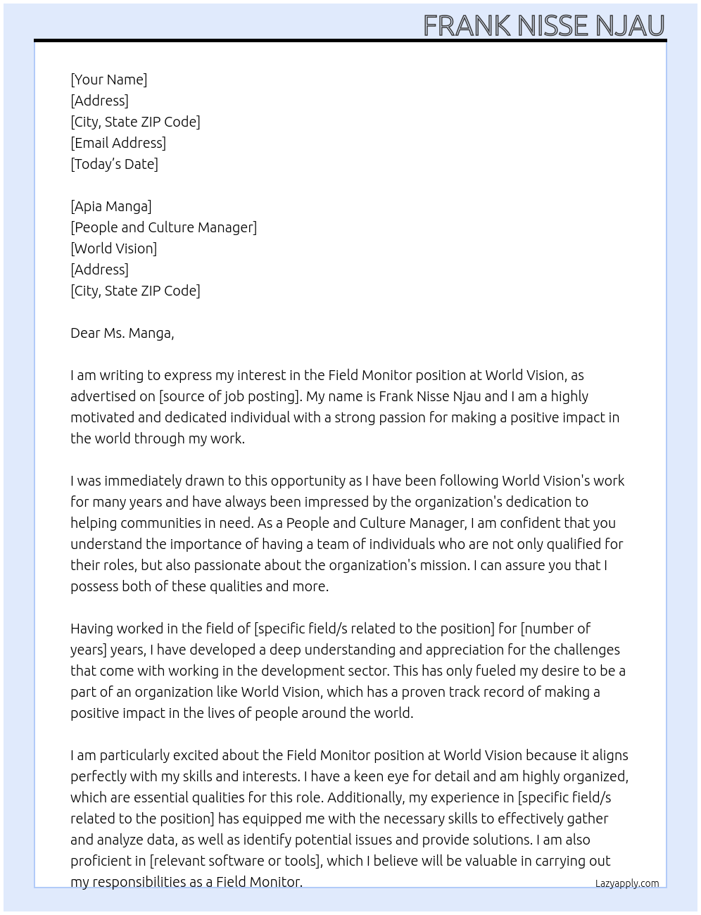 Field monitor At World vision Cover Letter