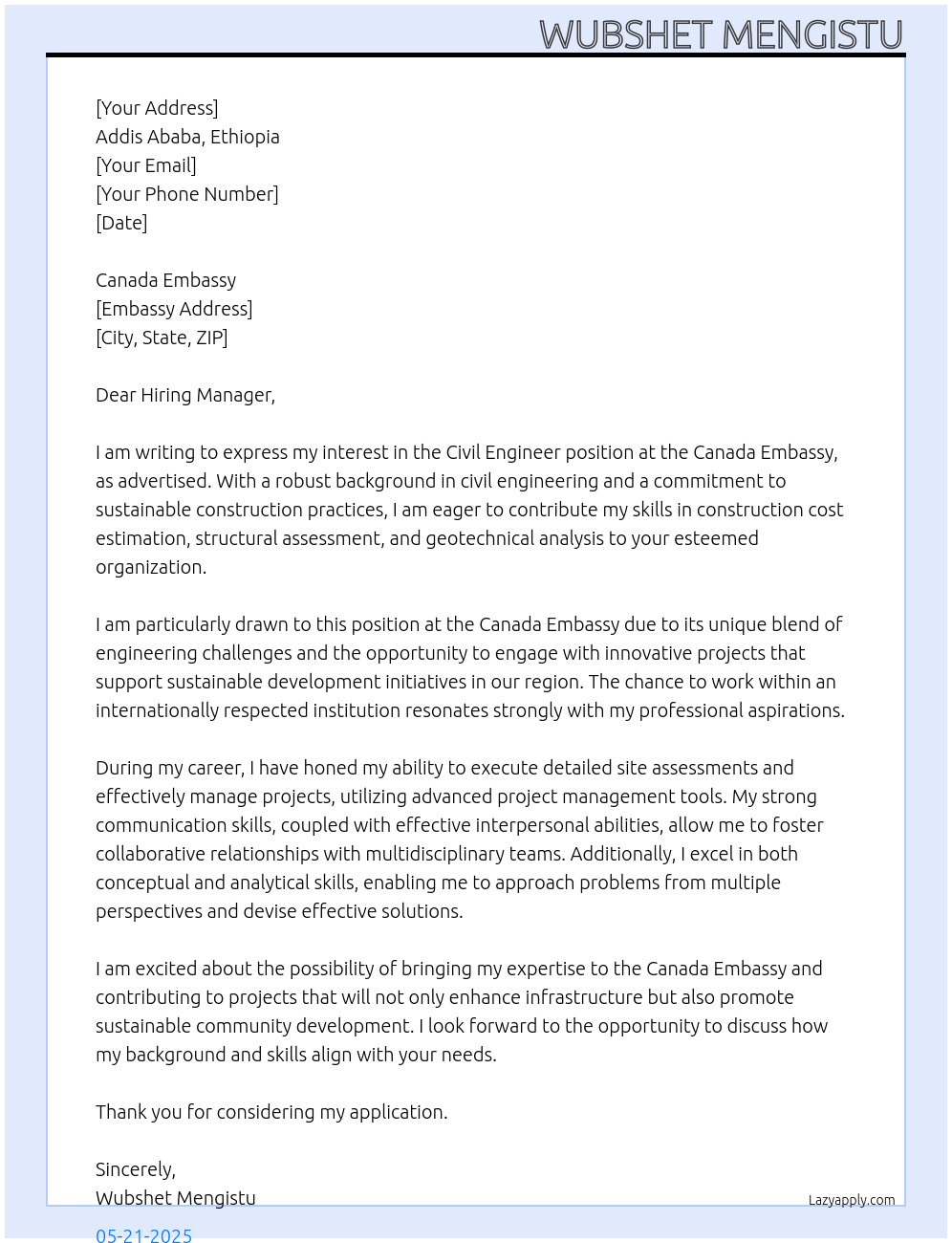 Civil Engineer At Canada Embassy Cover Letter