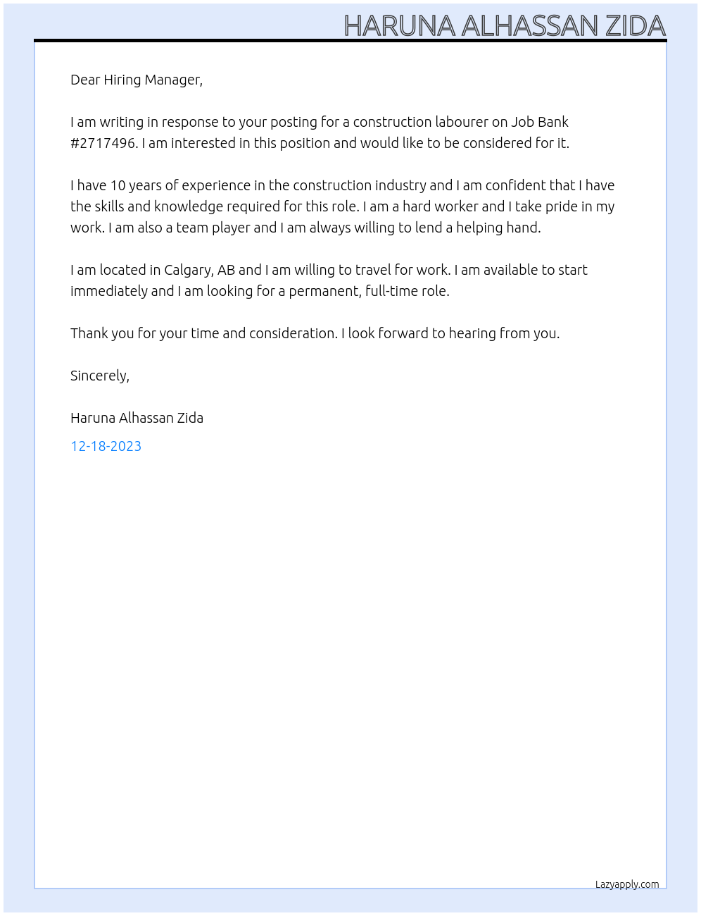 Construction labourer At Job Bank #2717496 Cover Letter