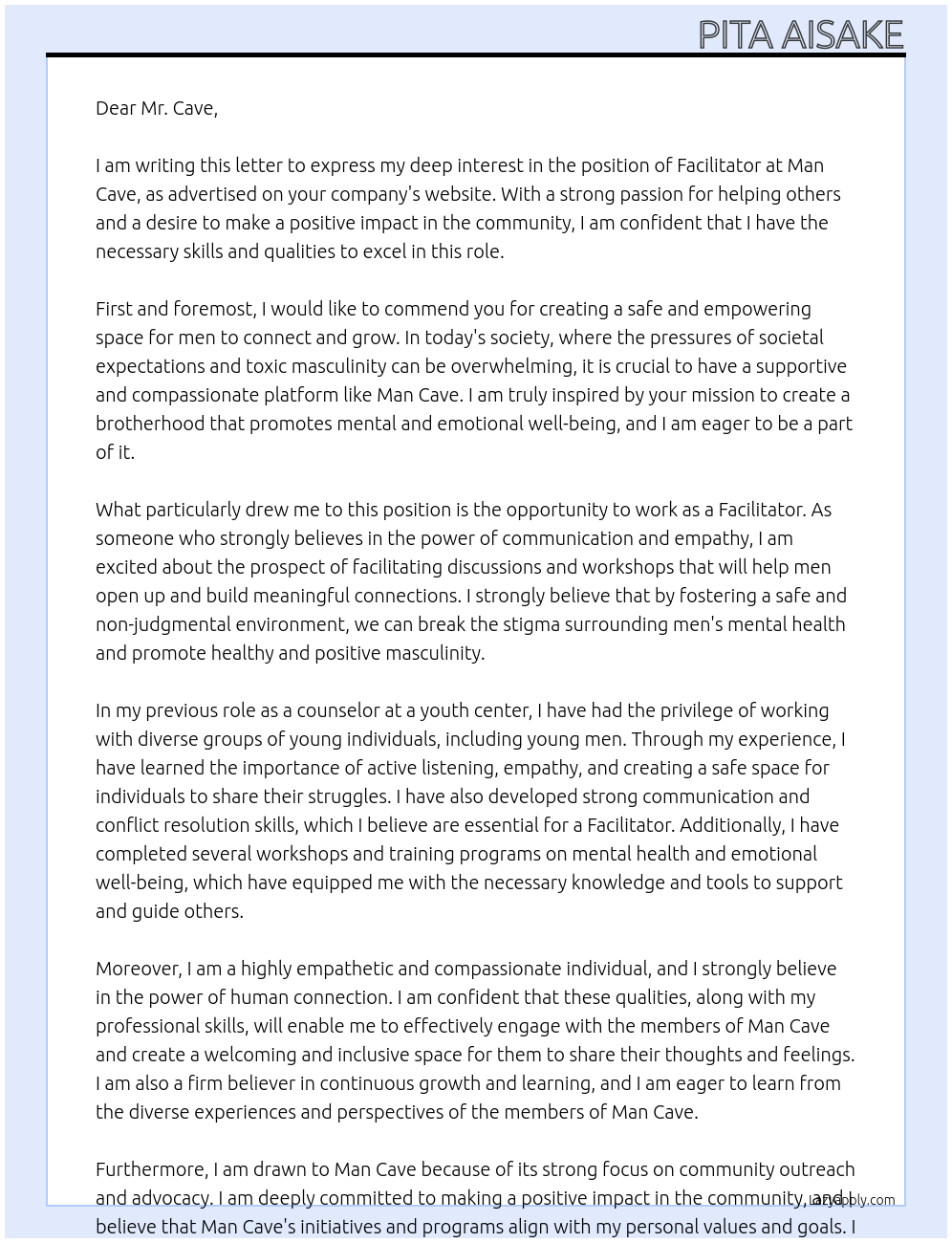 Facilitator At Man Cave Cover Letter