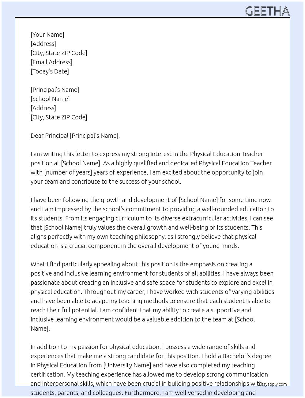 Physical Education Teacher At Geetha Cover Letter