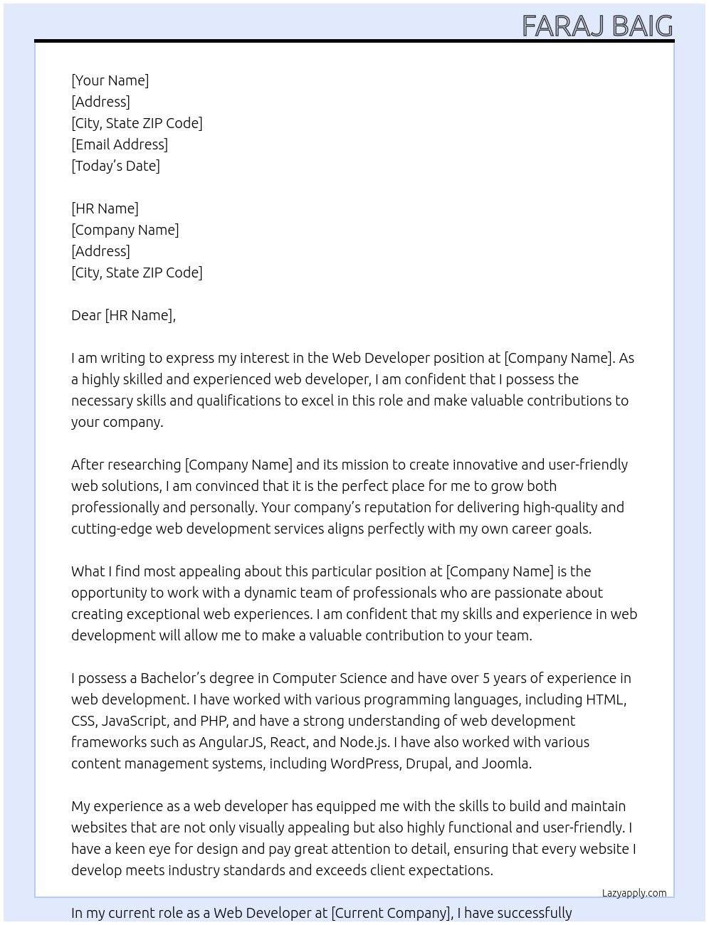 Web Devloper  At [Company Name] Cover Letter