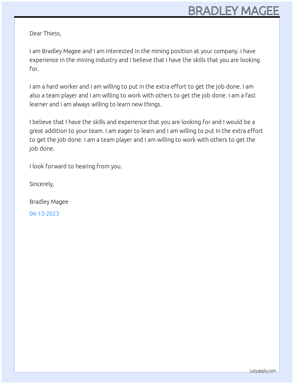 mining At thiess Cover Letter