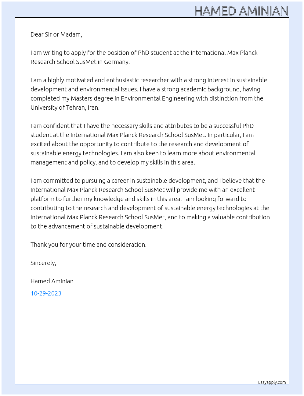 PhD student At International Max Planck Research School SusMet in Germany Cover Letter