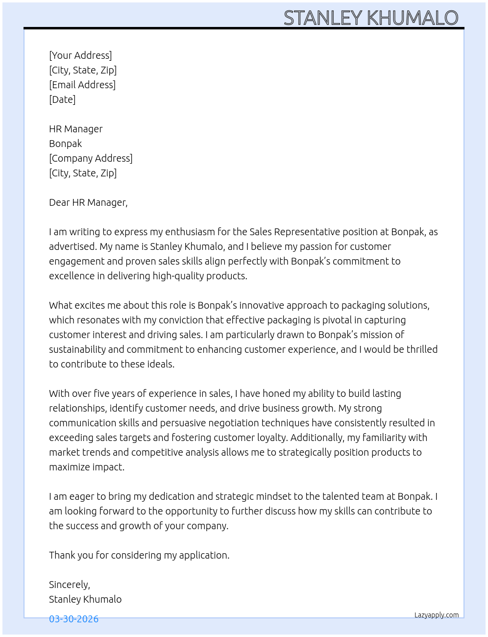 Sales Representative  At Bonpak  Cover Letter