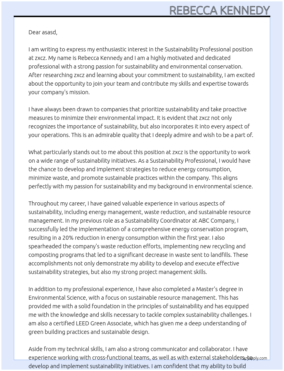 Sustainability professional At zxcz Cover Letter
