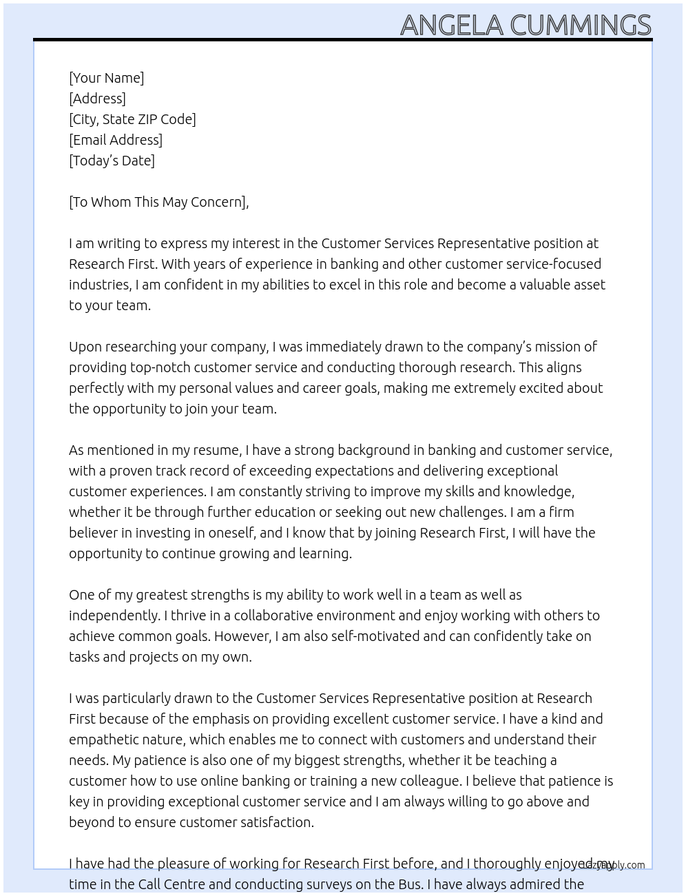 Customer Services Representative At Research First Cover Letter
