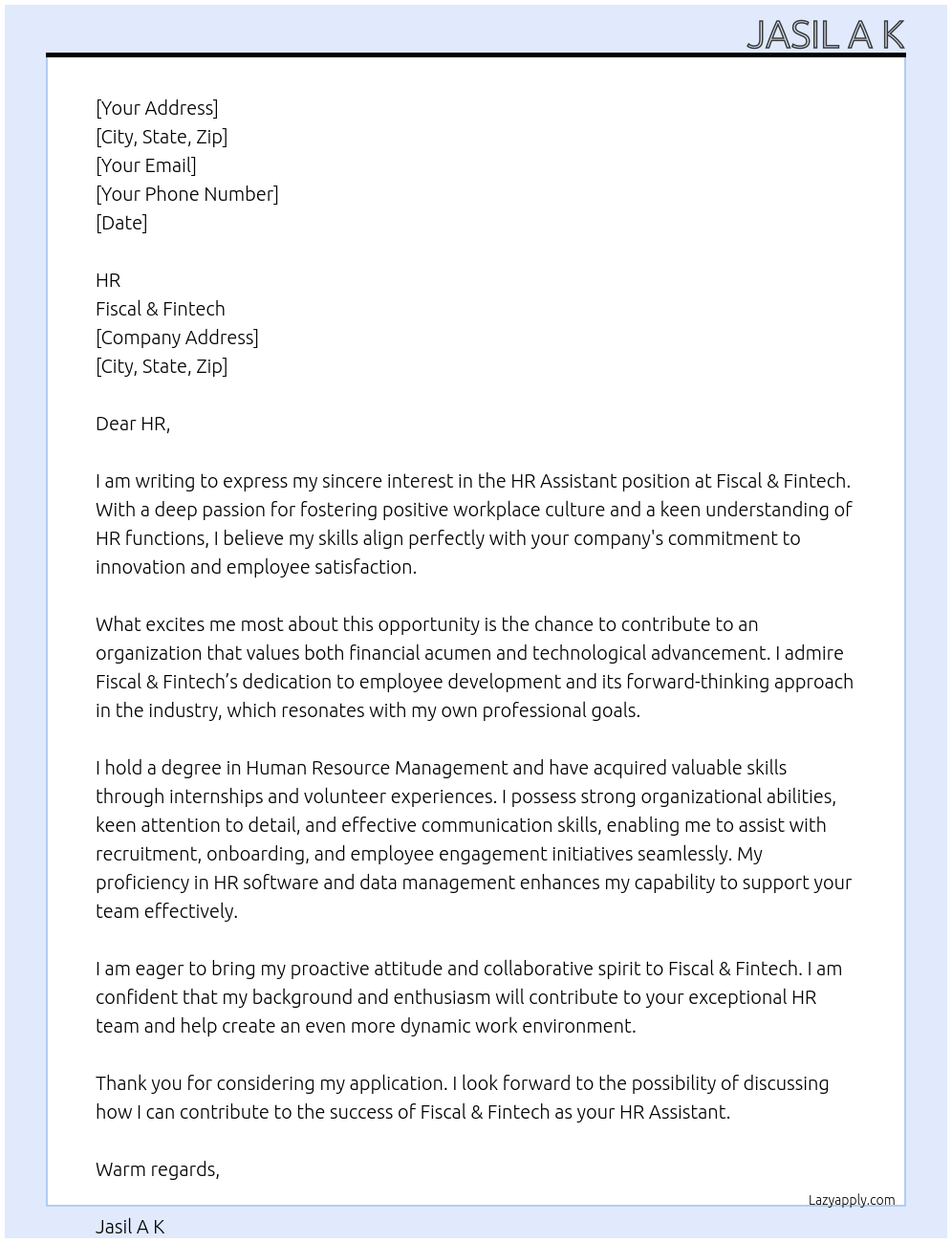 HR Assistant At Fiscal & Fintech Cover Letter