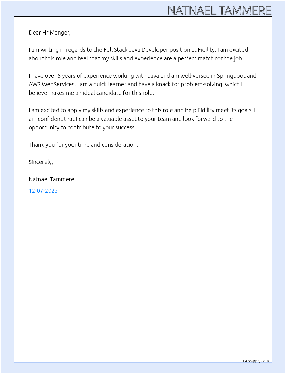 Full Stack Java Developer At fidility Cover Letter