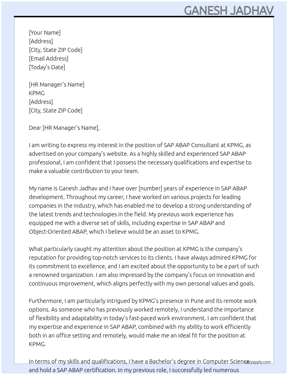 SAP ABAP Consultant At KPMG Cover Letter