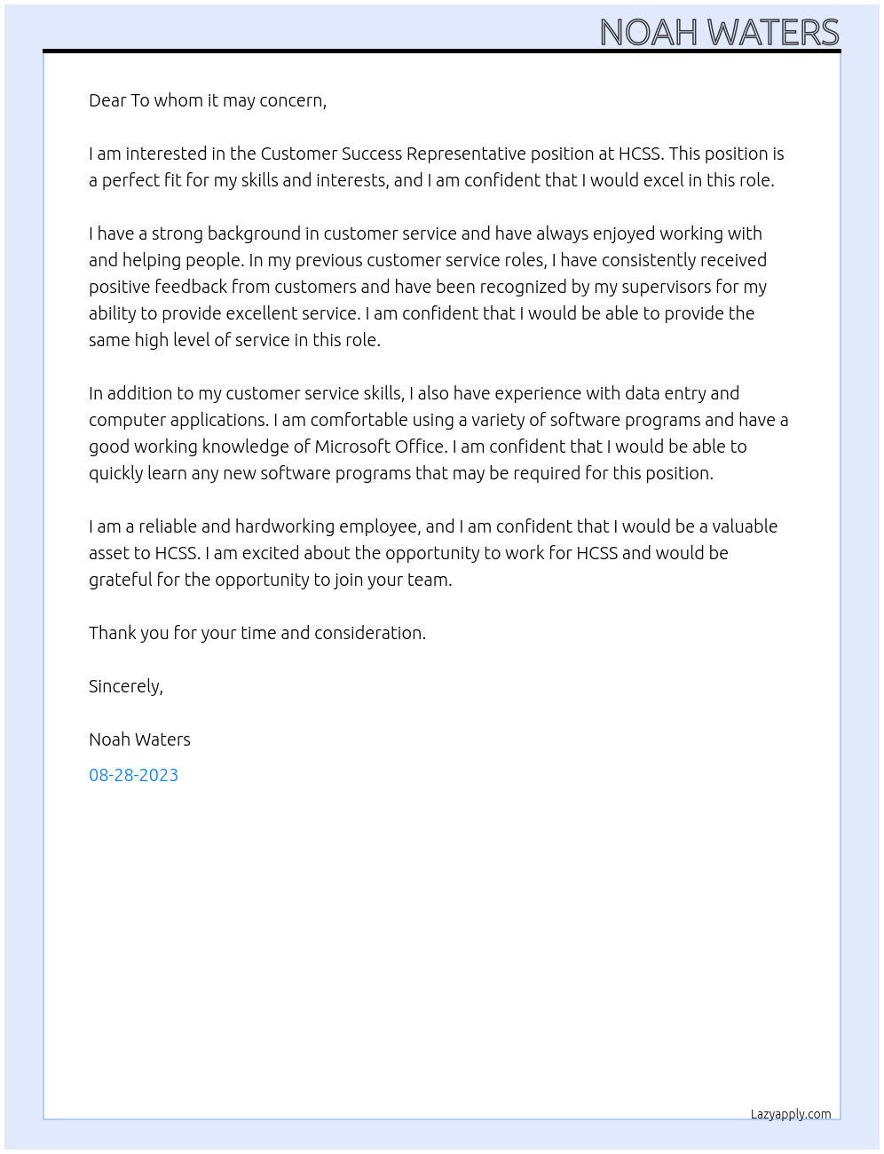 Customer Success Representative At HCSS Cover Letter