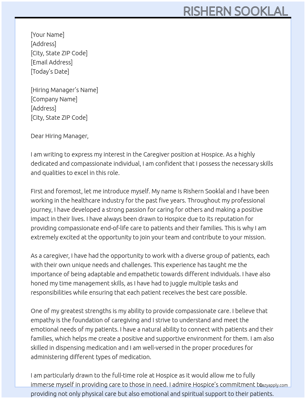 Care giver At Hospice Cover Letter