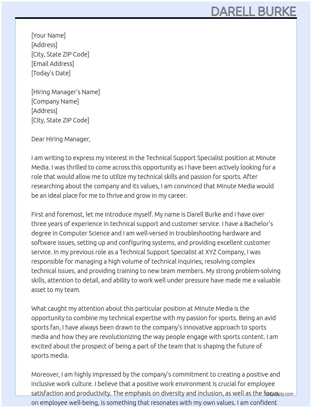 Technical Support Specialist At Minute Media Cover Letter