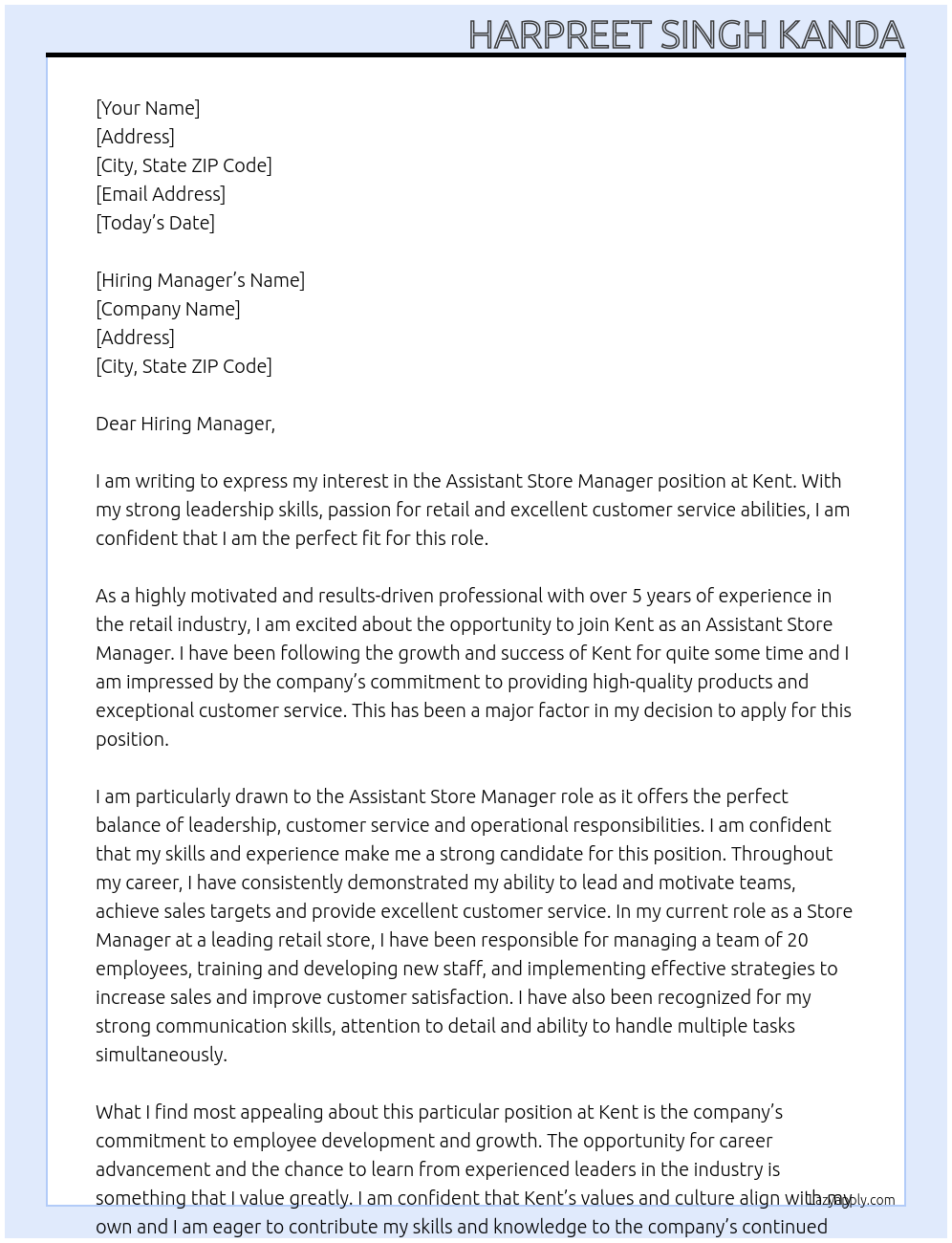 Assistant Store Manager At Kent Cover Letter