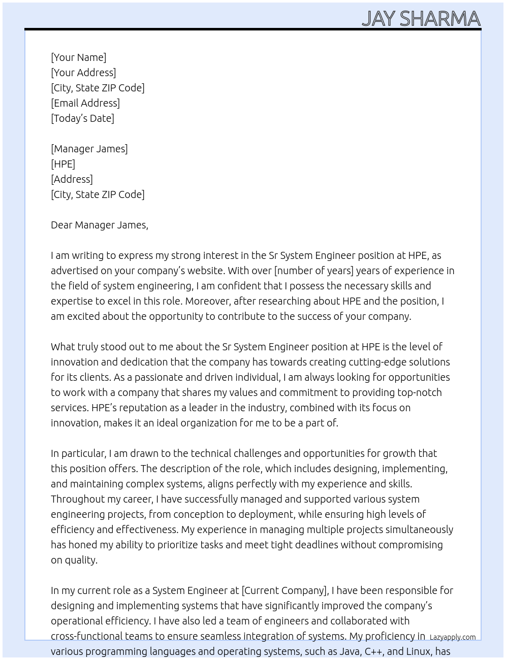 Sr System Engineer At HPE Cover Letter