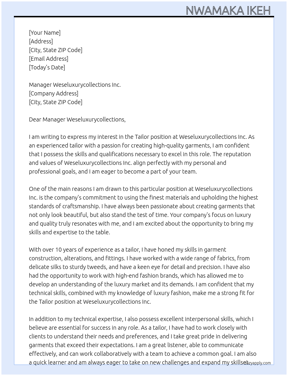 Tailor At Weseluxurycollections inc Cover Letter