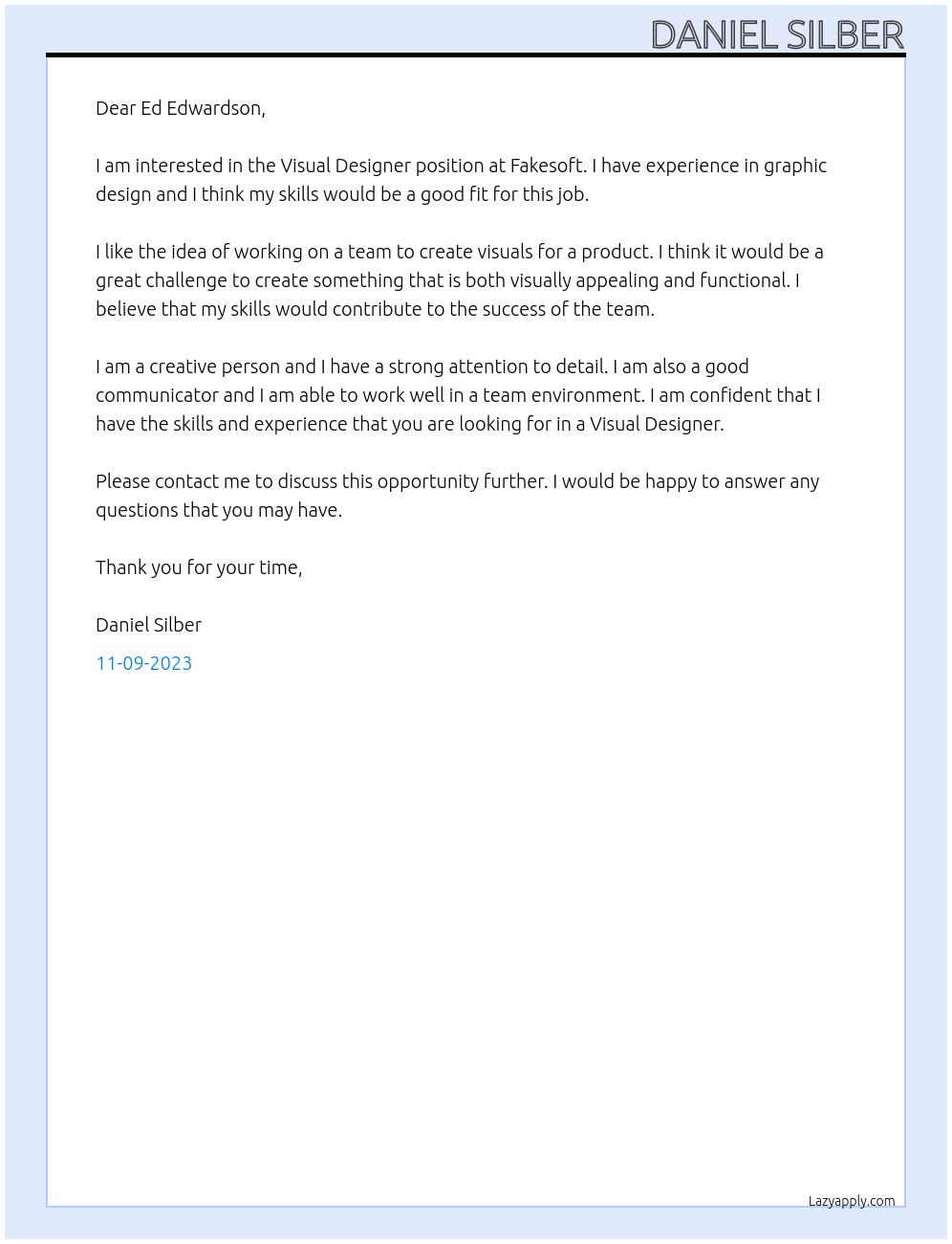 Visual Designer At Fakesoft Cover Letter