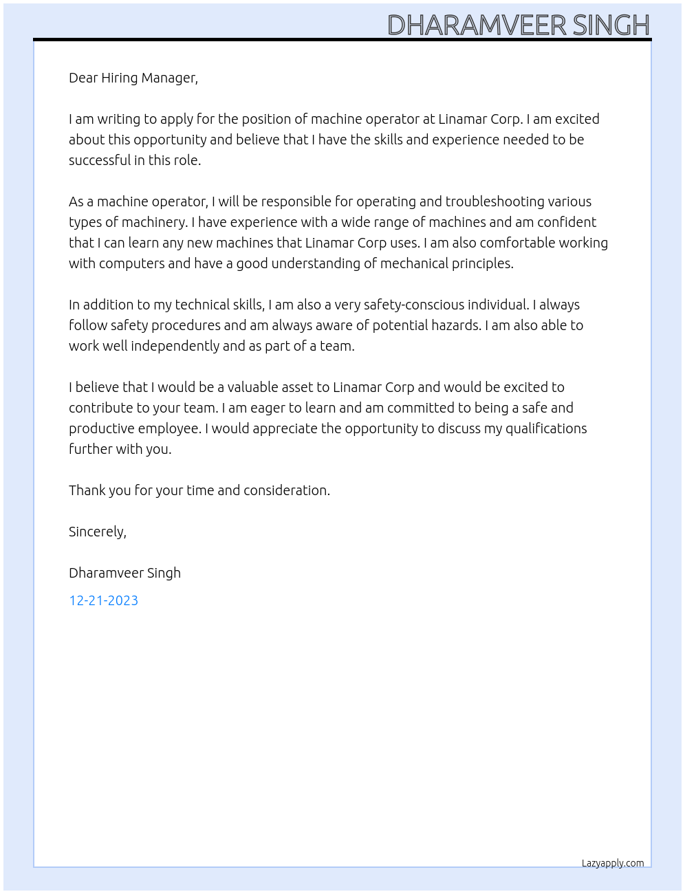 machine operator At Linamar corp Cover Letter
