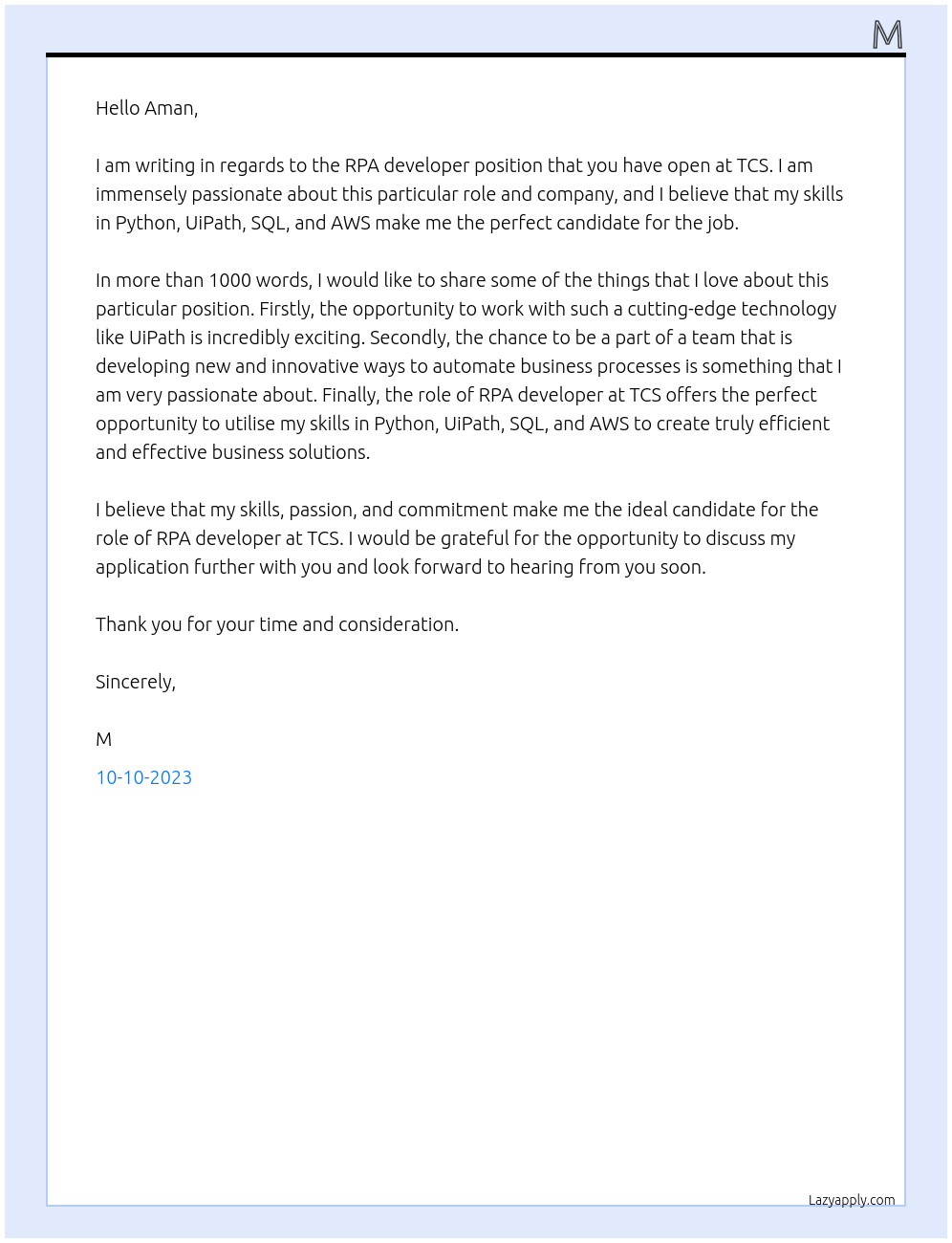RPA developer At TCS Cover Letter