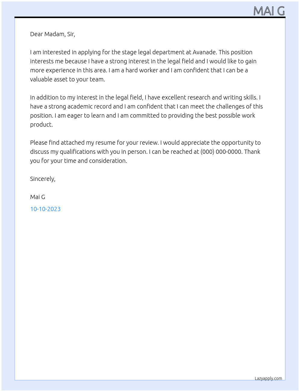 Stage legal department At Avanade Cover Letter