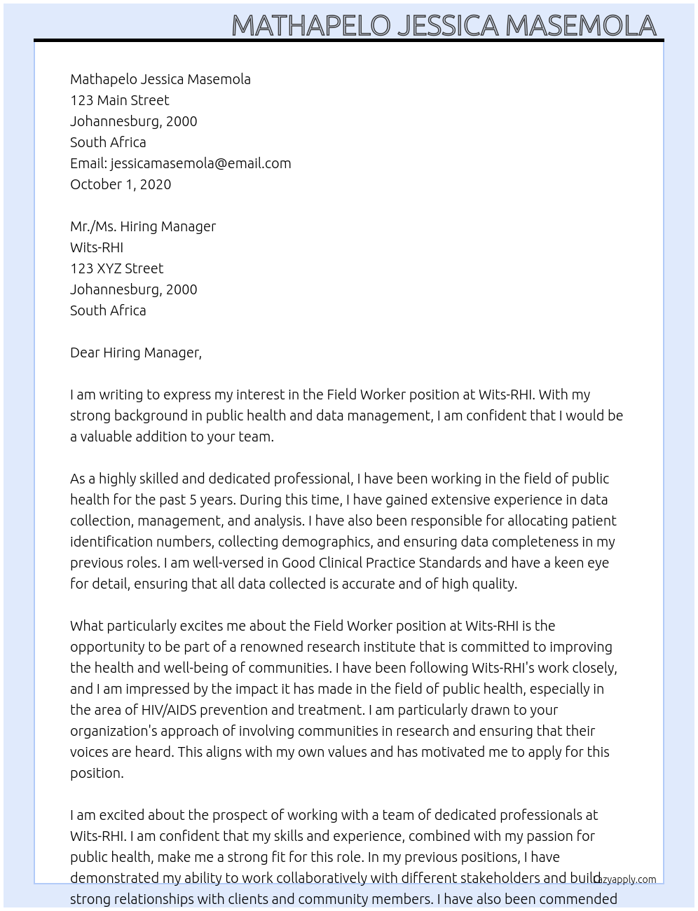 field worker At Wits-RHI Cover Letter