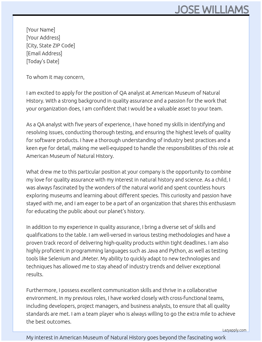 QA analyst At American Museum of Natural History Cover Letter