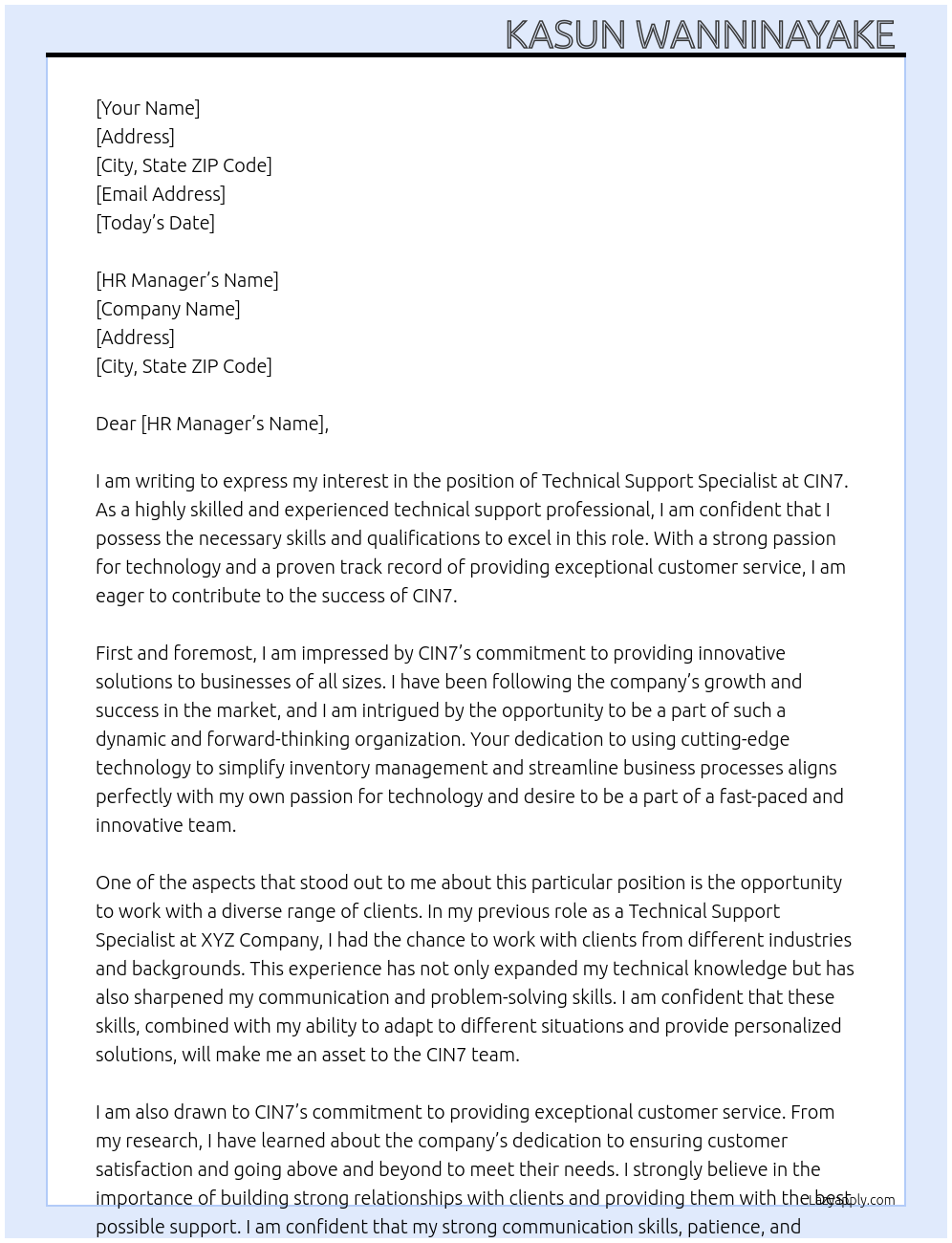 Technical Support Specialist At CIN7 Cover Letter