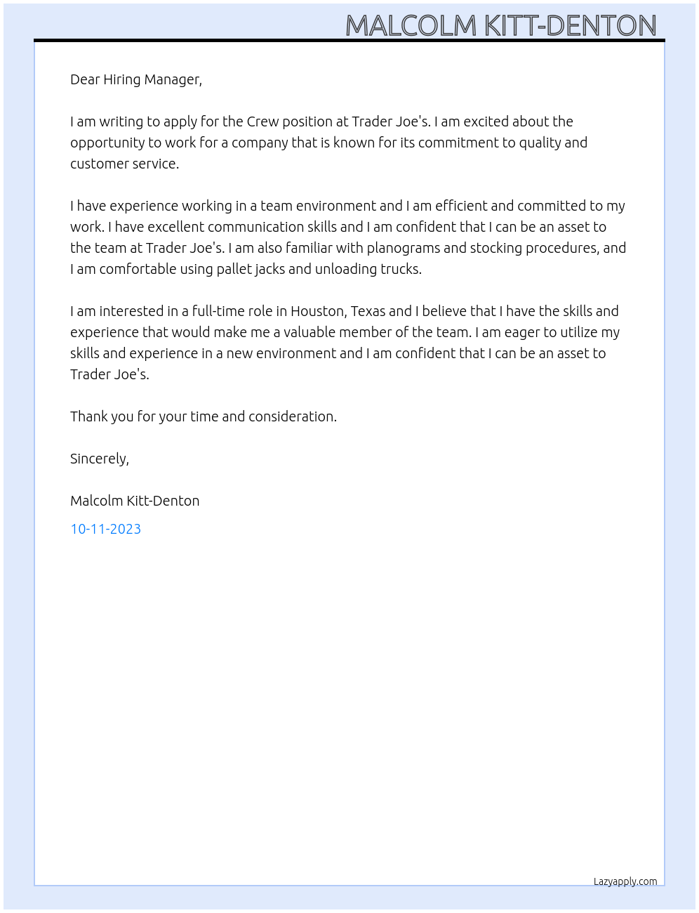 Crew At Trader Joes Cover Letter