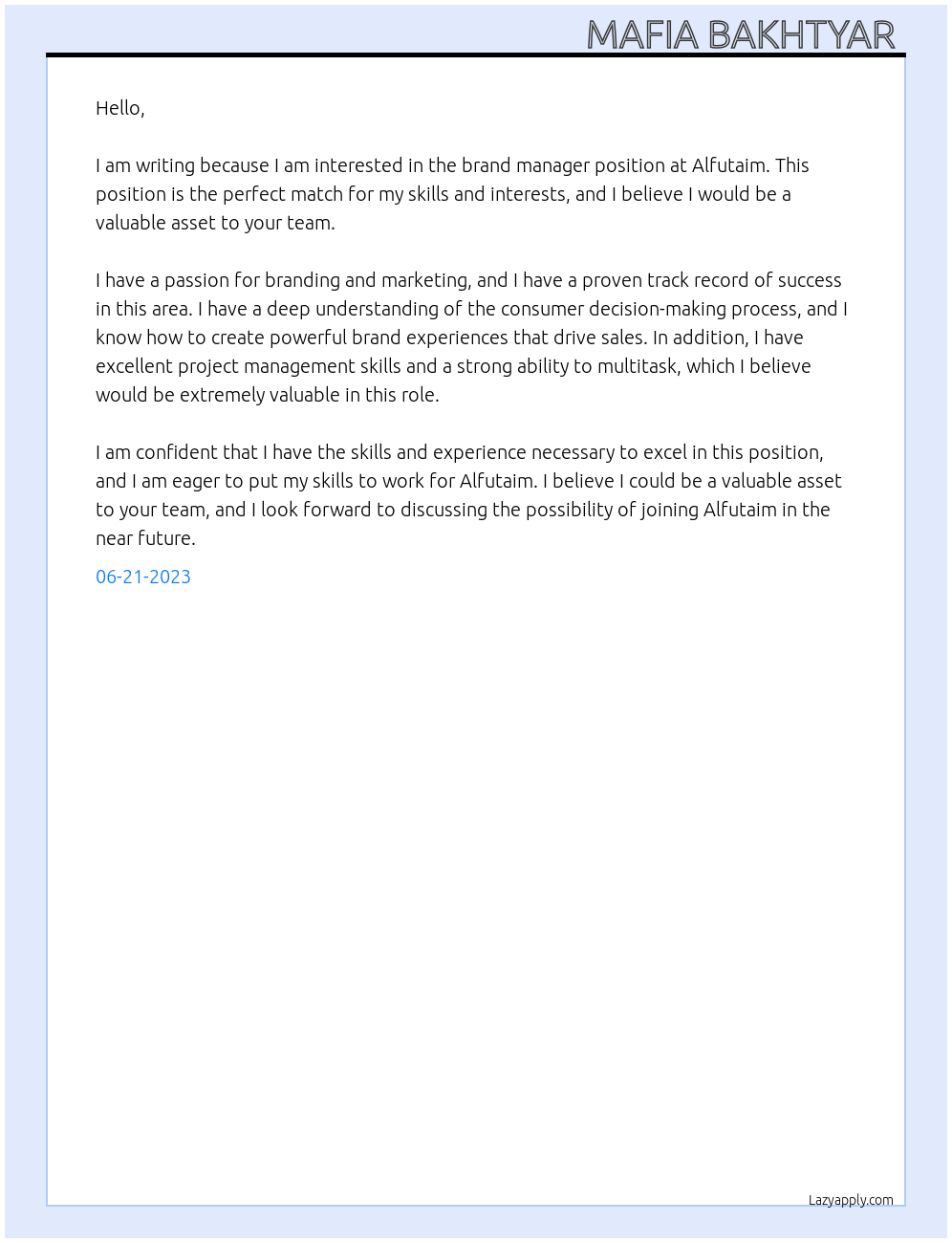 Brand manager At Alfutaim Cover Letter