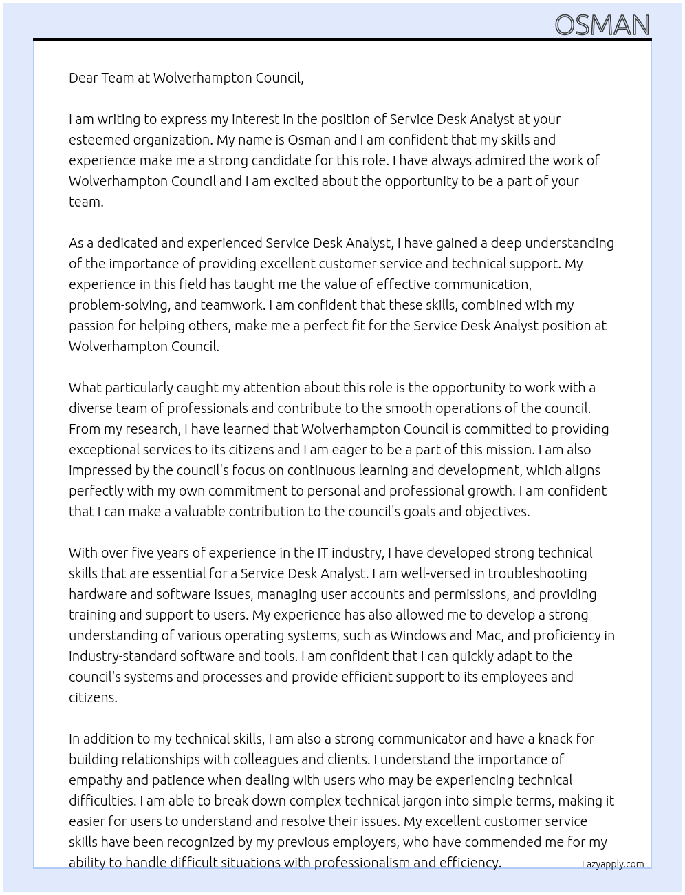 Service desk analyst At Wolverhampton council Cover Letter
