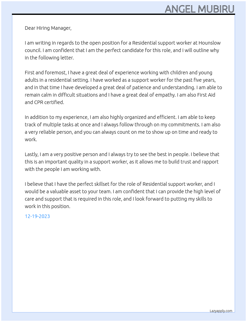 Residential support worker At Hounslow council Cover Letter