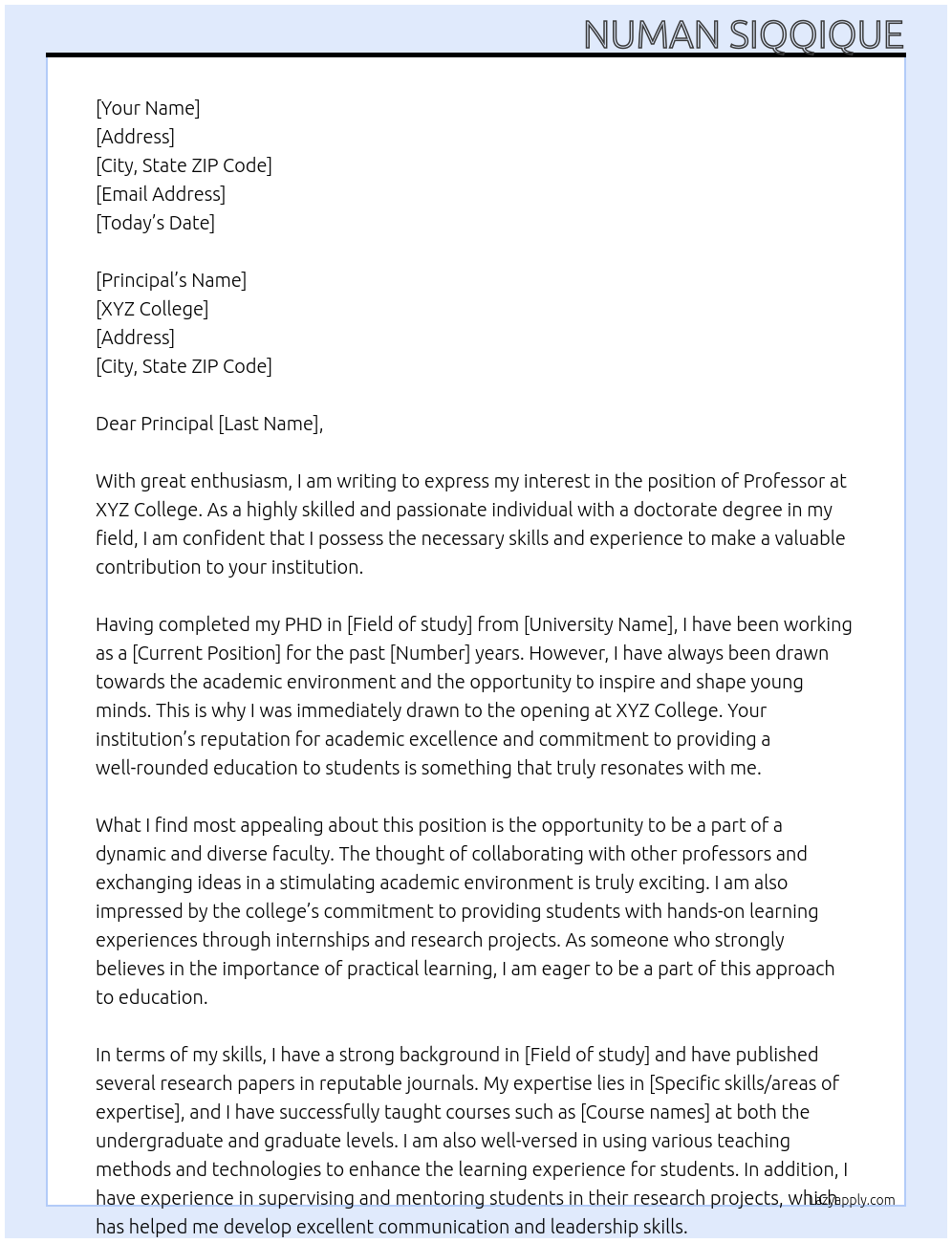 Professor At XYZ College Cover Letter